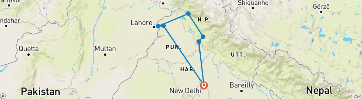 Map of Himalayas Tour By Train with Amritsar [Golden Temple] & Shimla Toy Train Tour [10 Days]