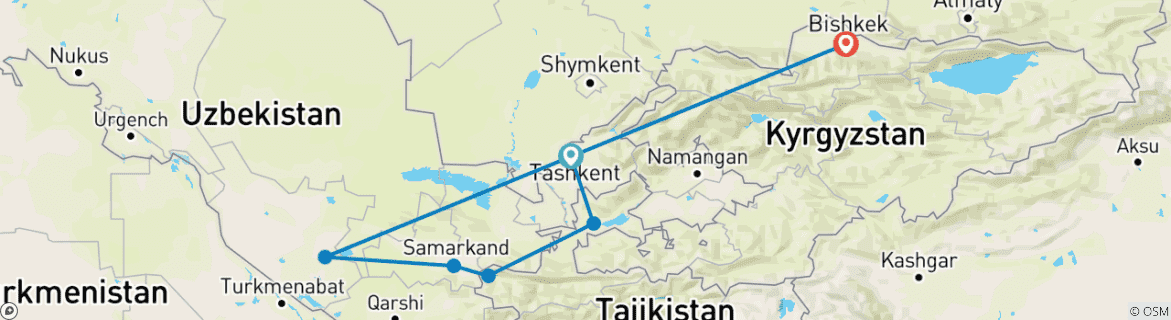 Kaart van Rondreis door 3 'Stans van Centraal-Azië - Oezbekistan, Tadzjikistan & Kirgizië - 12 dagen