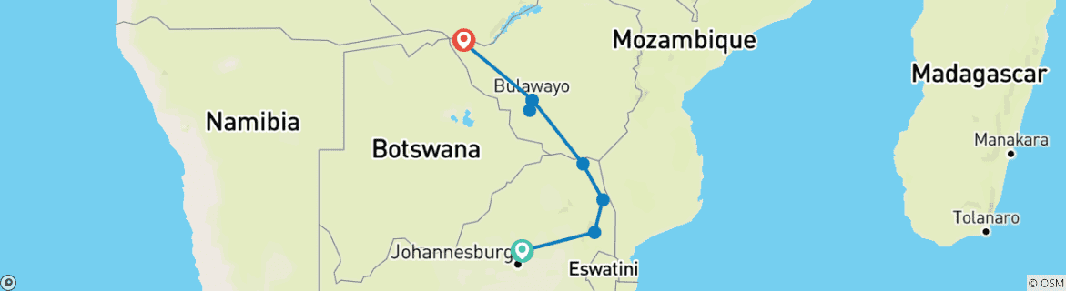 Map of Kruger, Matobo & Falls (Accommodated) - 7 days