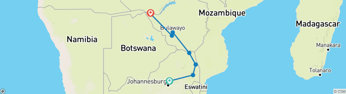 Map of Kruger, Matobo & Falls - 7 days