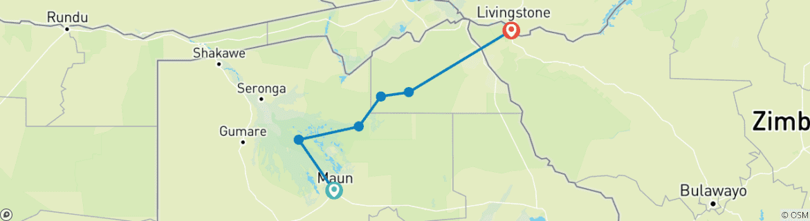 Map of 8-Days Botswana Northern Highlights & Victoria Falls