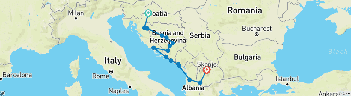 Map of 10 Days Western Balkans Discovery - Croatia - Bosnia and Herzegovina - Montenegro - Albania - N. Macedonia