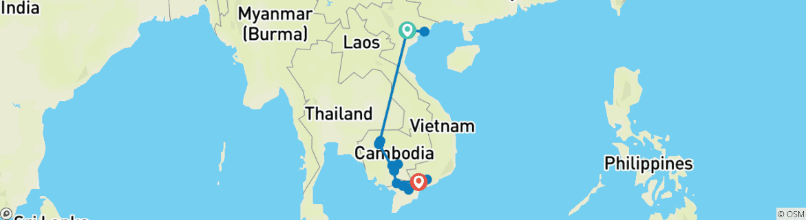 Image of a map showing the route of the tour