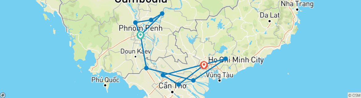 Image of a map showing the route of the tour