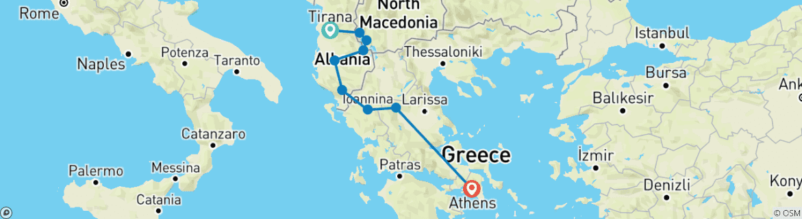 Mapa de Circuito semiprivado Albania, N. Macedonia y Grecia de Tirana a Atenas / Corfú