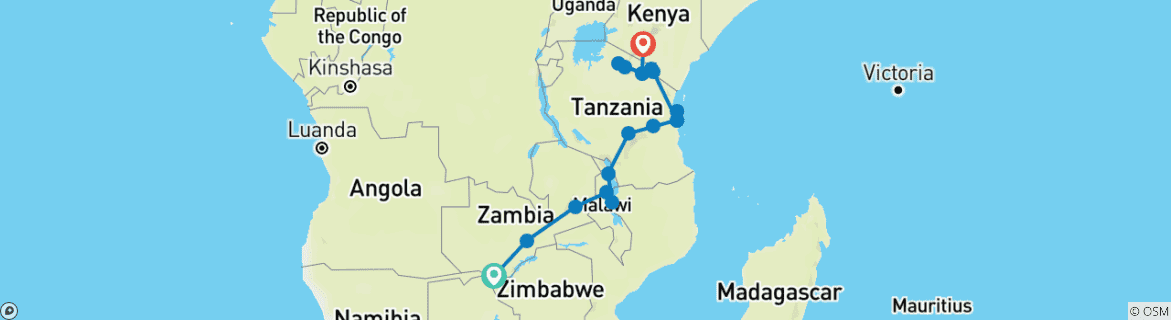 Map of Zambia to Nairobi (Accommodated) - 21 days