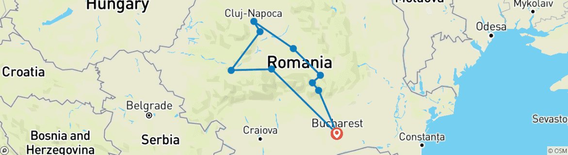 Map of Highlights of Transylvania (4 Star Hotels)