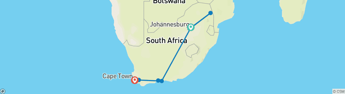 Map of Spectacular South Africa  (Sandton to Cape Town)