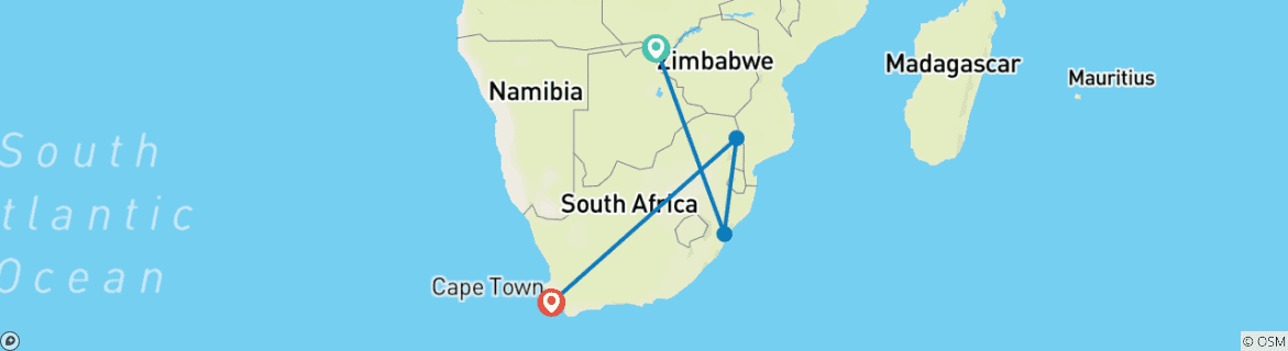 Mapa de 14 días cataratas Victoria, Kruger, Ciudad del Cabo y Winelands