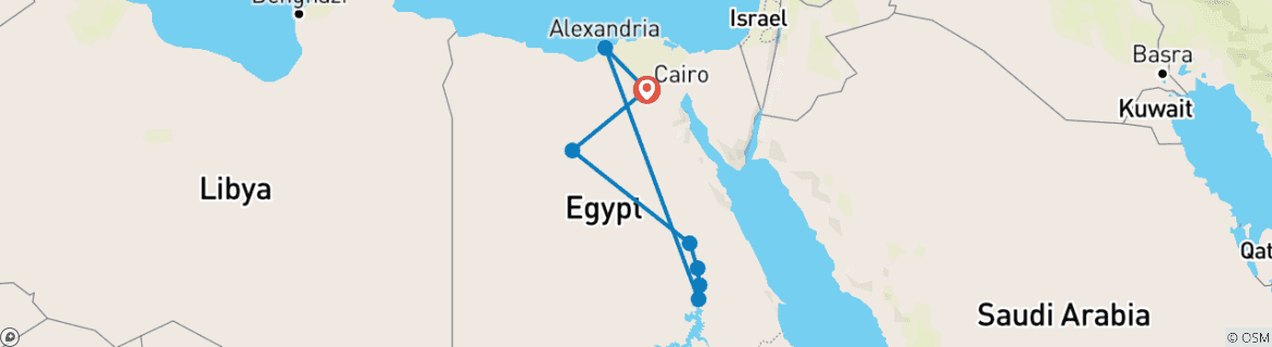 Mapa de Lujoso viaje por Egipto 10 días (Pirámides - Oasis de Al Fayoum - Alejandría - Crucero por el Nilo) Vuelo nacional