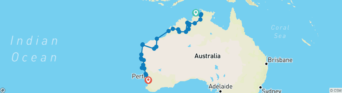 Map of Darwin to Perth Overland