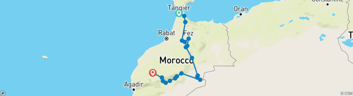 Image of a map showing the route of the tour