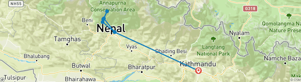 Carte du circuit Trek au camp de base de l'Annapurna - 10 jours (Trek court, Katmandou-Katmandou)