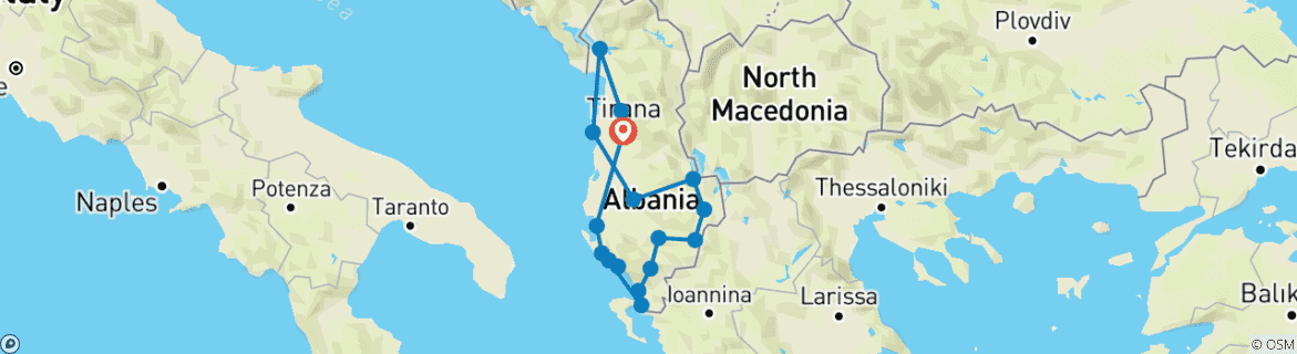 Map of Around Albania Culture Tour 8 Days