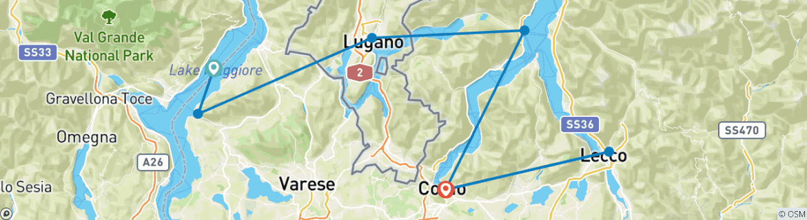 Mapa de En bicicleta por la región de los lagos de Italia