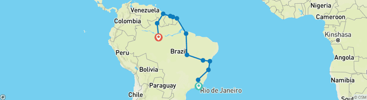 Map of Rio de Janeiro to Manaus via the Guianas Overland