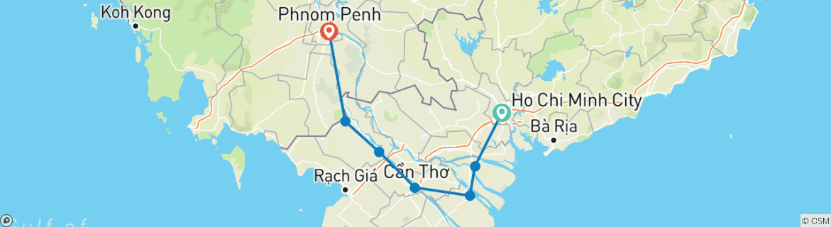 Map of Mekong Delta to Cambodia Cycling Tour