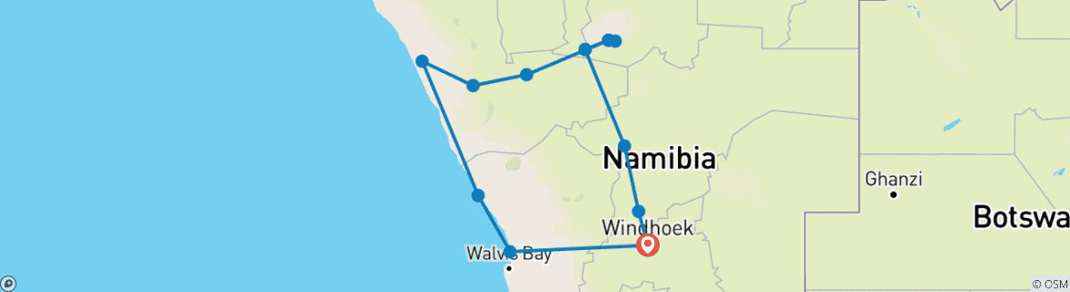 Map of 16 Day Etosha, Himba, Cape Cross and Surfing Adventure