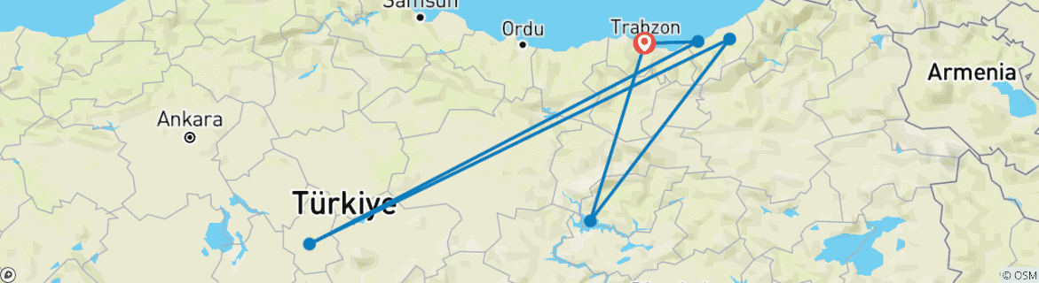 Image of a map showing the route of the tour