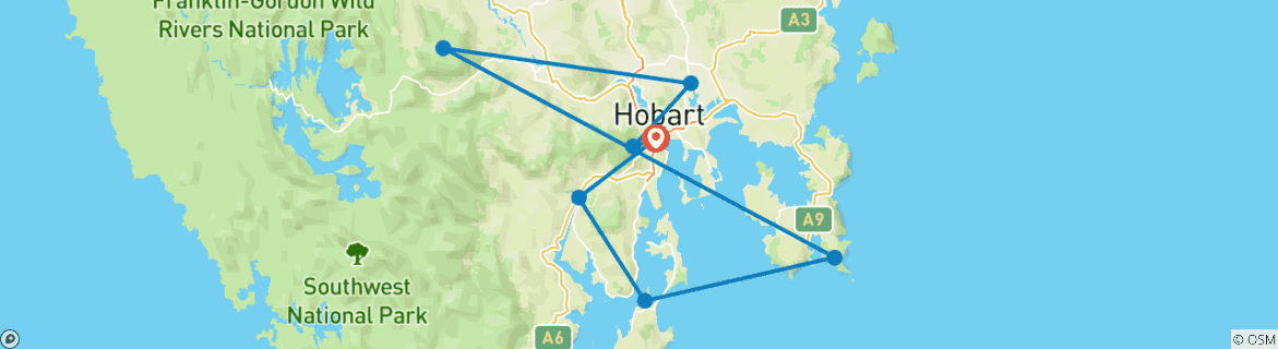 Map of 5 Day Tasmania private tour.