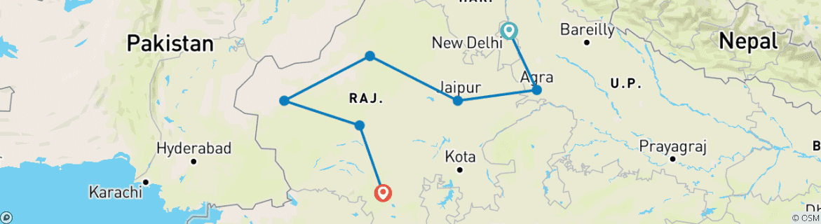 Karte von Royal Rajasthan, Delhi, Agra, Jaipur, Bikaner, Jaisalmer, Jodhpur & Udaipur 10 Tage