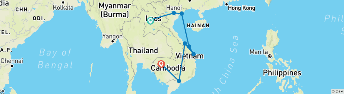 Mapa de Circuito de Aventura por Indochina Laos, Vietnam y Camboya 14 días/13 Noches