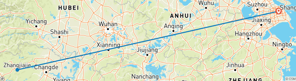 Map of 3-Day Tour to Zhangjiajie from Shanghai by Round-way Flight