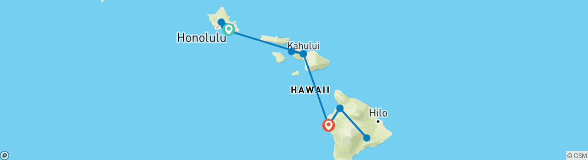 Karte von Hawaii mit Oahu & Maui mit der Großen Insel - 10 Tage