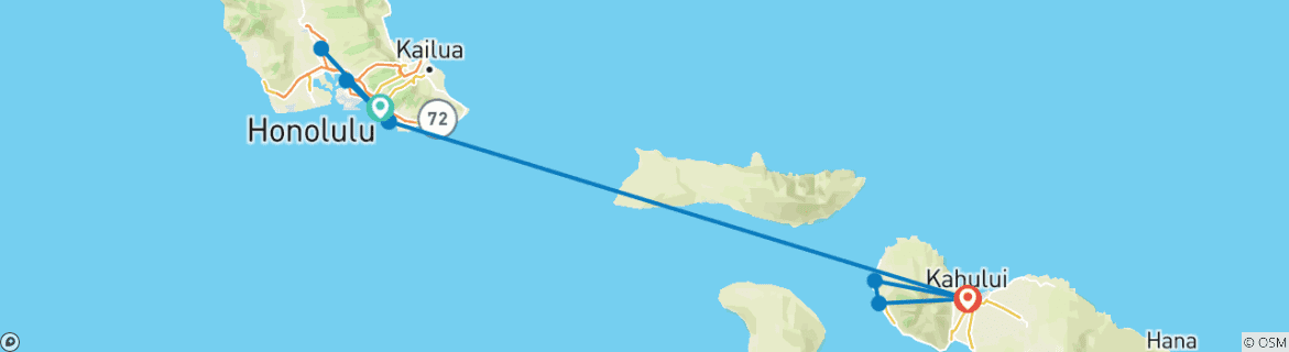 Map of Hawaii with Oahu & Maui (Classic, Base, 7 Days, Intra Tour Air Honolulu To Kahului)