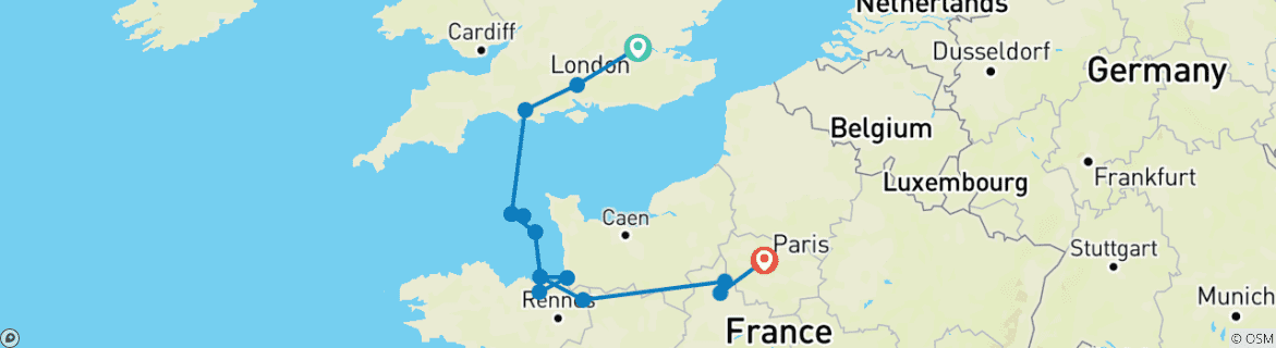 Map of London to Paris via the Channel Islands