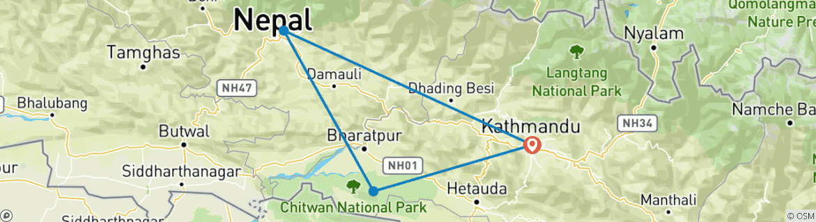 Karte von Kathmandu, Pokhara und Chitwan Rundreise