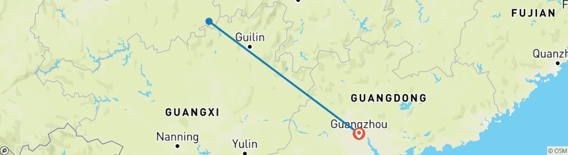 Mapa de PRI excursión de 3 días a Zhaoxing y Tang'an Dong, pueblos Basha Miao desde Guangzhou en tren