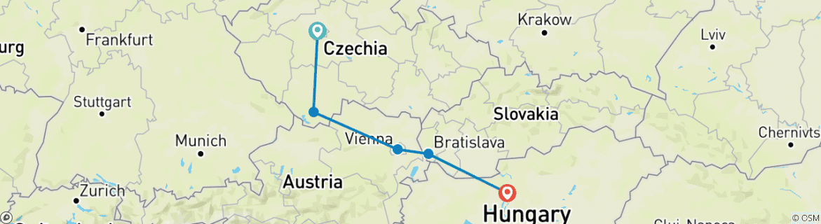 Map of Private Tour: 4 Countries in One Week: Prague - Vienna - Bratislava- Budapest