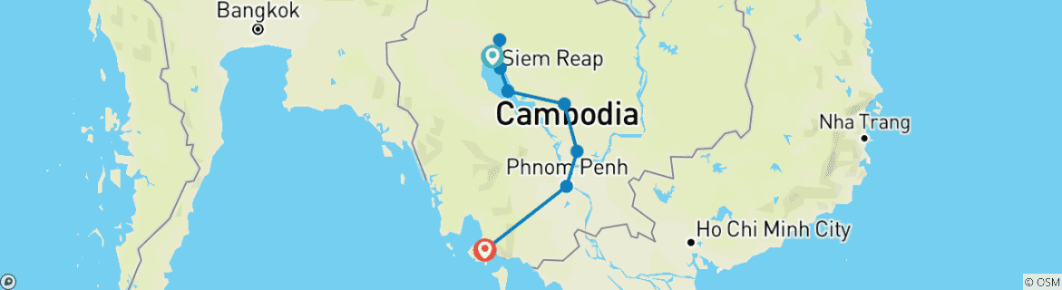 Kaart van Cambodja 9 daagse tour van Siem Reap naar Phnom Penh & Sihanoukville