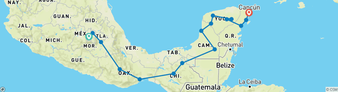 Image of a map showing the route of the tour