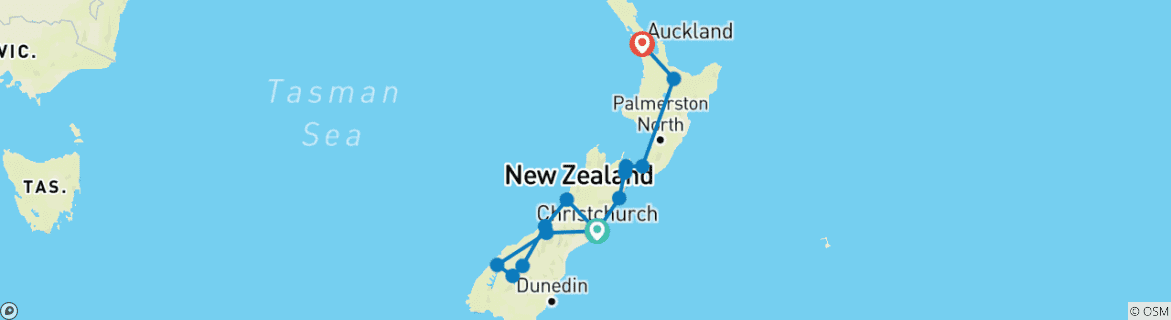 Karte von Von Christchurch nach Auckland Selbstfahrer - 17 Tage