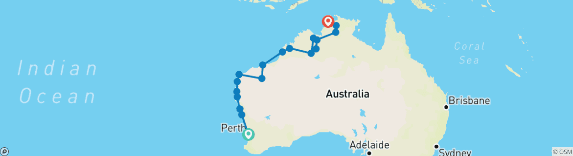 Map of Adventure Tour Along the West Coast of Australia - Perth to Darwin