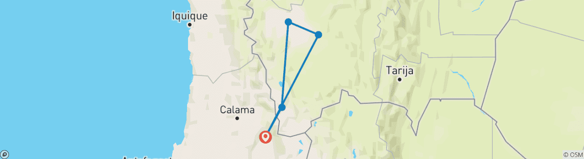 Map of 4 Days / 3 Nights in the Uyuni Salt Flat and the Colored Lagoons tour from San Pedro de Atacama, Chile with Budget Hostels