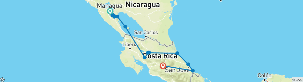 Carte du circuit Voyage d'aventure au Costa Rica et au Nicaragua