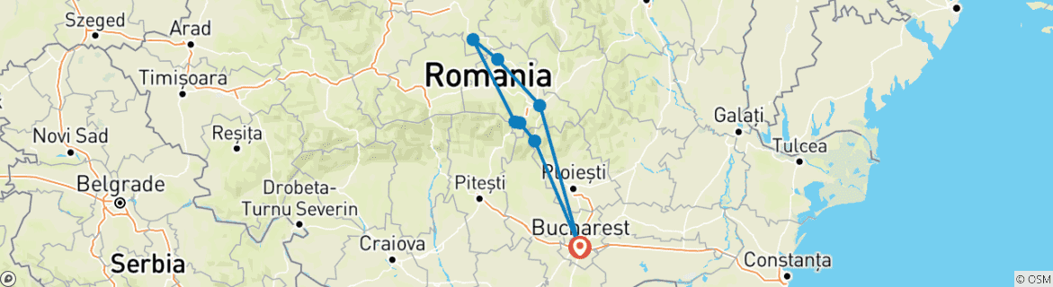 Map of 3-day Transylvania tour: Medieval Towns and Remote Villages