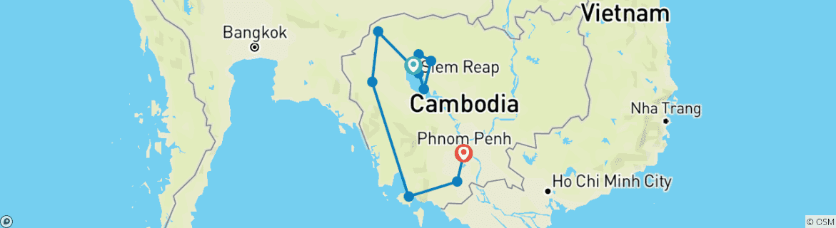 Kaart van Ontdek Cambodja 12 daagse tour van alle hoogtepunten naar stranden