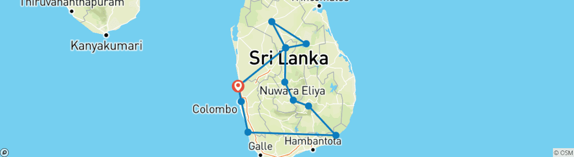 Karte von Die Pracht Sri Lankas: von antiken Städten zu unberührten Stränden - 20 Tage