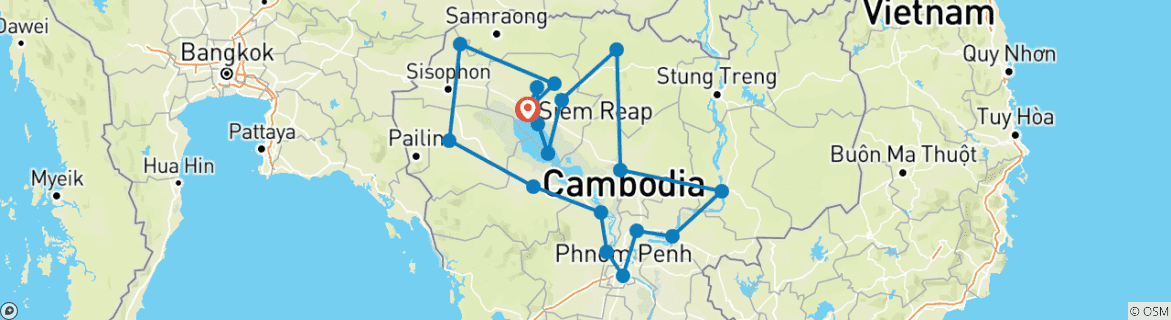 Carte du circuit Circuit d'aventure privé guidé de 14 jours au Cambodge