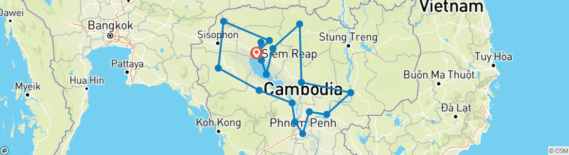 Mapa de Camboya aventura privada 14 días circuito guiado