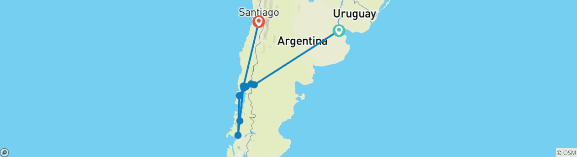 Map of Cruising Patagonia with Buenos Aires, Bariloche & Santiago