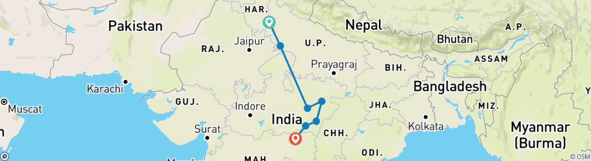 Map of Popular Wildlife Tiger Safari Bandhavgarh & kanha & pench With Tajmahal All inclusive