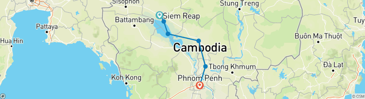 Kaart van Privé-rondreis door Cambodja – van Siem Reap naar Phnom Penh – 6 dagen