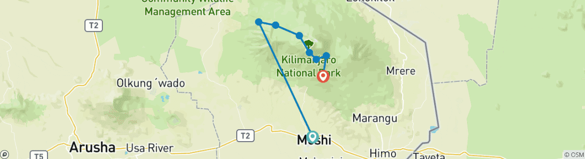 Mapa de Escala el Kilimanjaro por la ruta Lemosho