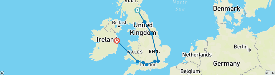 Map of Exploring Britain & Ireland featuring England, Ireland, Scotland and Wales (Edinburgh to Dublin) (2024)