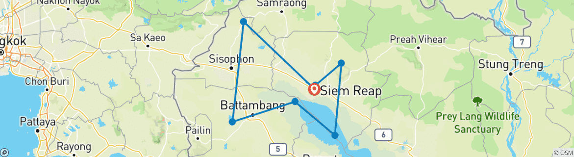 Carte du circuit Cambodge : 7 jours pour Siem Reap et Battambang en croisière fluviale et par voie terrestre